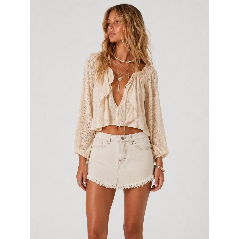 We The Free People 100% Cotton Bailey Denim Raw Hem Mini Skirt Cream 25 XS‎ NWOT